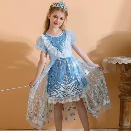 Girls Dress Snow Queen Princess Costume Halloween Birthday Party Frozen 2 Cosplay Costumes Blue Mesh Sequinned Printing Dresses