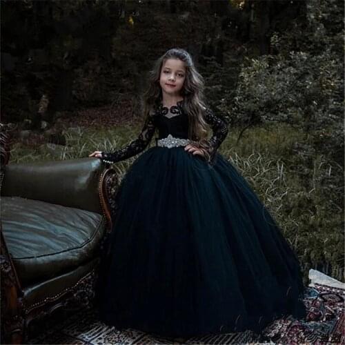 Long Sleeves Black Flower Girl Dresses Wedding Applique Jewel Crystal Sash Big Bow Cute Kids Formal Wear Floor Length Ball Gown