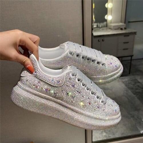 Luxury Designer White Rhinestone Shoes Round Head Lace-Up Platform Shoes Fashion Non-Slip Breathable Low-Top Causal Sneakers