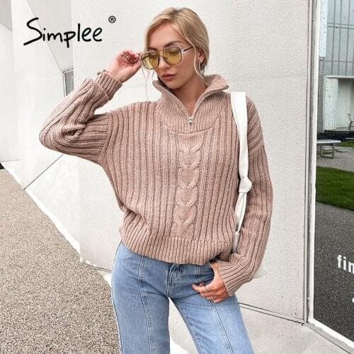Simplee Causal turtleneck long sleeve women knitted sweater solid Office zipper design pullover autumn High street female jumper