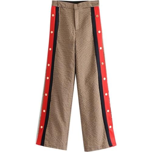 Runway women vintage side striped plaid pants Houndstooth elastic waist European runway female casual streetwear trousers