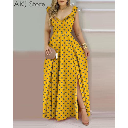 Women Yellow Ruffles Polka Dot Print Side Slit High Waist Maxi Dress
