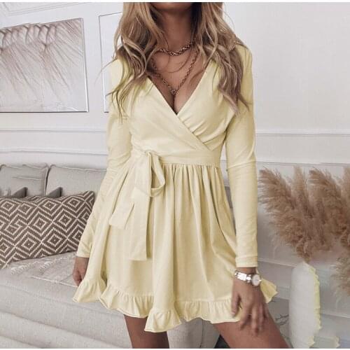 Autumn Winter Mini Dress Fashion Casual Lace Up V-neck Black White Long Sleeve Ruffles Beach Party Dresses For Women Robe Femme