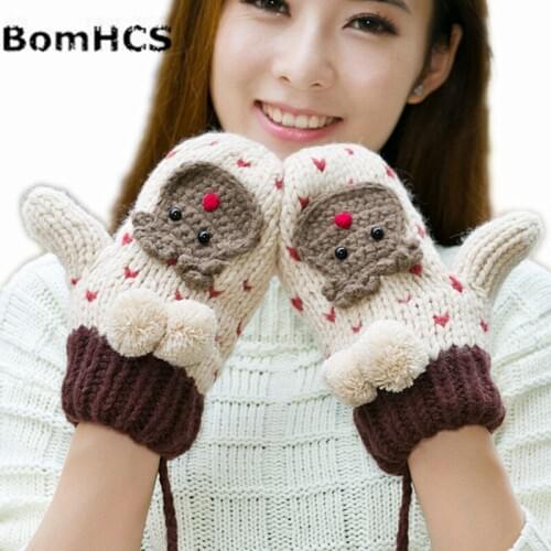 Lovely Animal Bear Winter Warm Thick Mittens Handmade Knitted Gloves