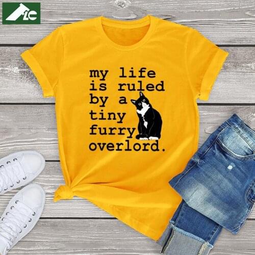 100 cotton kawaii Black Cat t shirt women men My Life Is Ruled By A Tiny Furry Overlord T Shirt men vintage clothes ladies tops