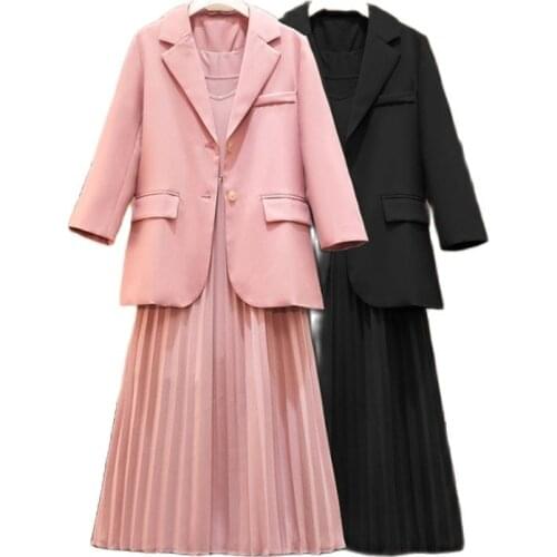 Fashion Large Size Womens Clothing 2020 Spring Autumn Blazers Jackets new Suit Pleated Suspender Dress Two-piece Suit B197