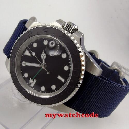 40mm parnis black GMT date window ceramic bezel sapphire crystal automatic mens watch P407