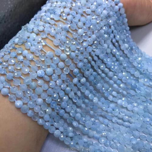 Aquamarine blue loose beads faceted coin 3*4mm 14" for DIY jewelry making FPPJ wholesale beads nature gem stone