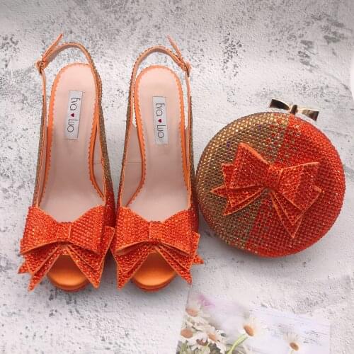 BS1236 Custom Made Women Shoes Dress Pumps Bridal Wedding Shoes Orange Gold Crystal Shoes With Matching Bag