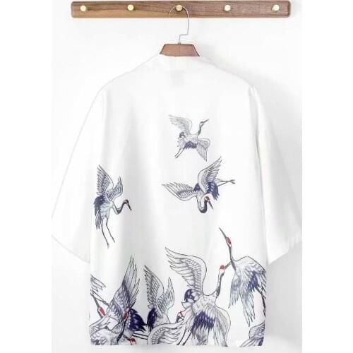 Hawaii Retro Cardigan Women Loose Crane Taoist Robe Black White Japanese Style Casual Kimono Classic Streetwear Samurai Costume