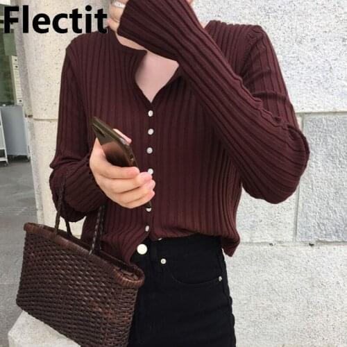 Flectit Ribbed Knit Cardigan Women Long Sleeve V-Neck Button Down Crop Sweater Women Student Girl Casual Outfit