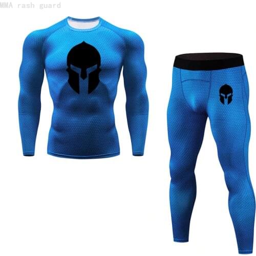 New Mens Long underwear set Compression Tactical MMA leggings + T-shirt top 2-pc/set track suit Men Sportswear Fitness clothing