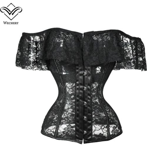 Steampunk Corset Tops Bustiers Sexy Lace Lingerie Erotic Corselet Womens Gothic Clothing Black Off The Shoulder Sleeve Bodice