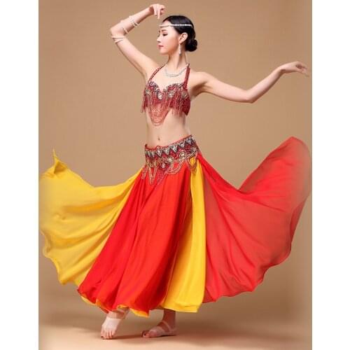 Hot Women Belly Dance Clothing 3pcs Outfit Beaded Costume Rhinestone Bra C-cup Chiffon Long Skirt Belly Dance Costumes Gold