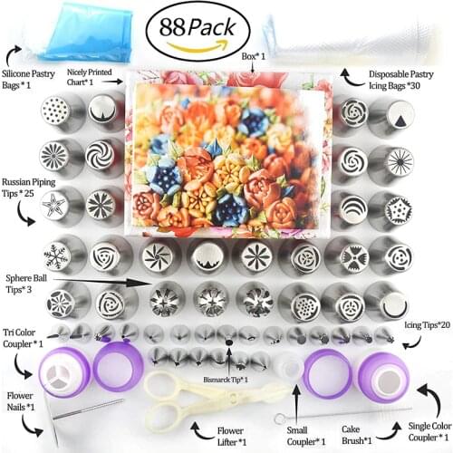 32/88pcs Cake Decorating Set Stainless Russian Piping Tips Cream Confectionery Nozzles Scraper Pastry Bag Baking Tools For Cakes
