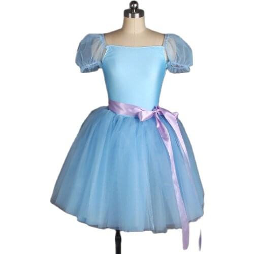 New Pale Blue Spandex Bodice With Puff Sleeves Romantic Length Ballet Dance Dress For Girls/Women Ballet Stage Performance