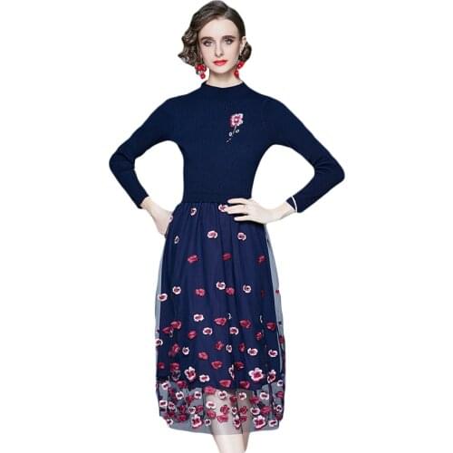 LUKAXSIKAX 2021 New Spring Autumn Women Fake Two Piece Knitted Dress High Quality Flowers Embroidery Runway Dress