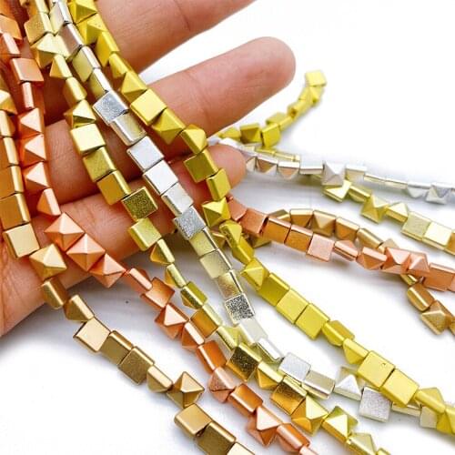 Wholesale Flat Geometric Square Pyramid Natural Hematite Stone Loose Spacer Bead For Trendy Jewelry Making DIY Bracelet Pendant