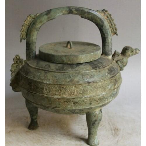 Song voge gem S2251 11" Old Chinese Bronze 3 Foot Bird Handle Water Ware vessel Wine Tea Pot Flagon
