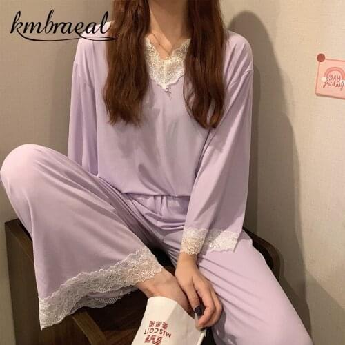 Pajama Set for Woman Two Piece Korea Soft Sleepwear Set Comfortable Long Sleeved Trousers Lace Fashion Pajamas Girls Homewear