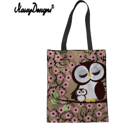 Casual Canvas Shoulder Bag Women Floral Owl Printed Tote Handbag Female Cartoon Lady Handbag Large Capacity Beach Bag DropShip