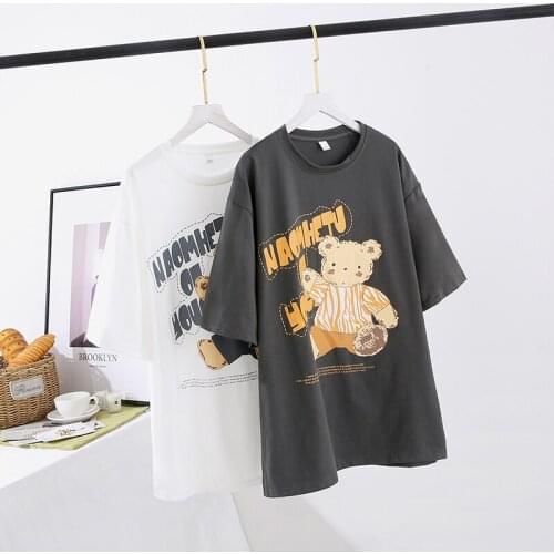 Plus Size Womens New Cartoon Print Short-Sleeved T-Shirt 2021 Summer Korean Version O-Neck Loose Casual Cotton Top s901
