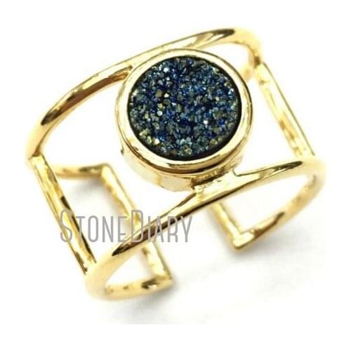 RM12707 Top Seller Copper Ring Double Wrapped Titanium Blue Green Druzy Crystal Gold Color Round Shape Ring On Sale Adjustable
