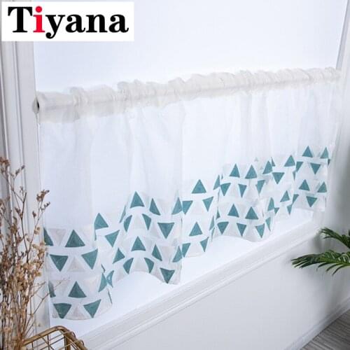 Blue Embroidery Triangular Short Curtain Modern Kitchen Tulle Curtains Half Panel Window Drapes Valance DL50Y