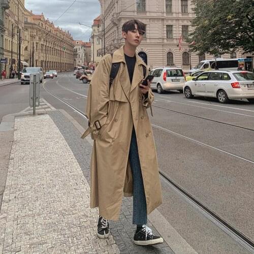 New Mens Loose Casual Trench Coat Double Breasted Leisure Windbreaker Outwear Khaki Brown Overcoat M11