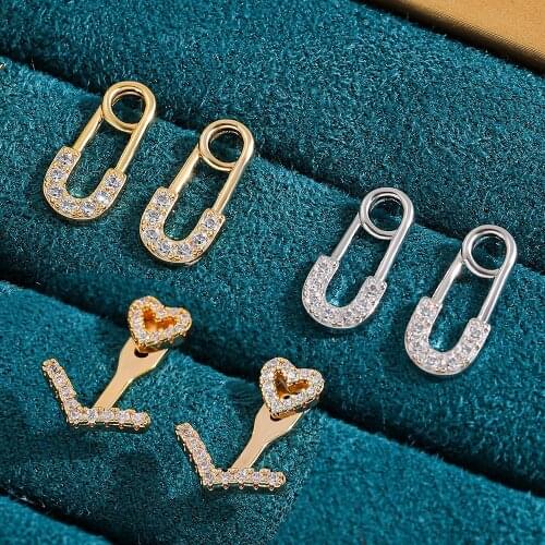 Punk U-shaped CZ Zircon Safety Pin Stud Earrings for Women Charm Tiny Paper Clip Piercing Earring Heart Studs Minimalist Jewelry