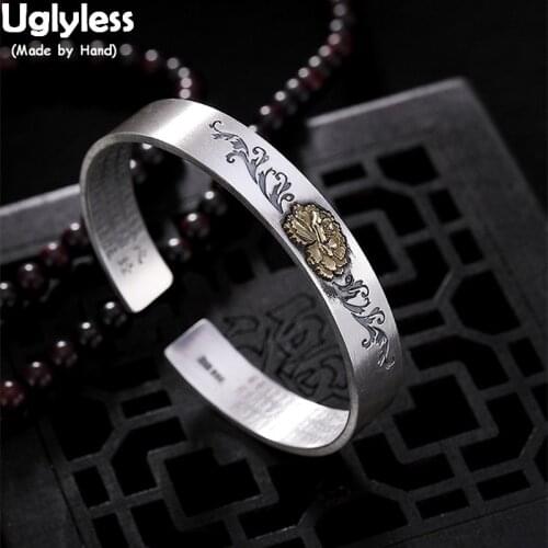 Uglyless Thai Silver Vines Women Vintage Open Bangles Solid 99.9% Full Silver Peony Bracelet Buddhism Heart Sutra Silver Jewelry