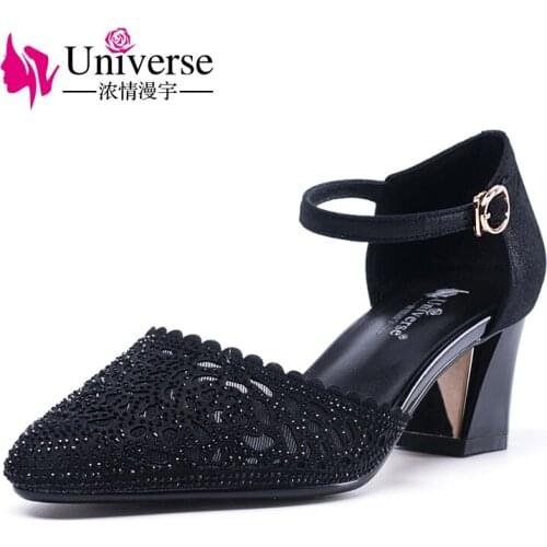 Universe 2018 summer square heel high heel pointed toe buckle strap mature women shoes pumps H075