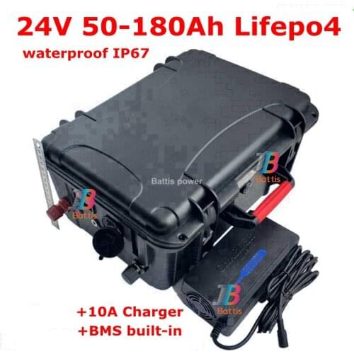 Waterproof 24V 50Ah 60Ah 80Ah 100Ah 130Ah 150Ah 180Ah Lifepo4 battery BMS 8S for trolling motor solar system Camper+10A Charger