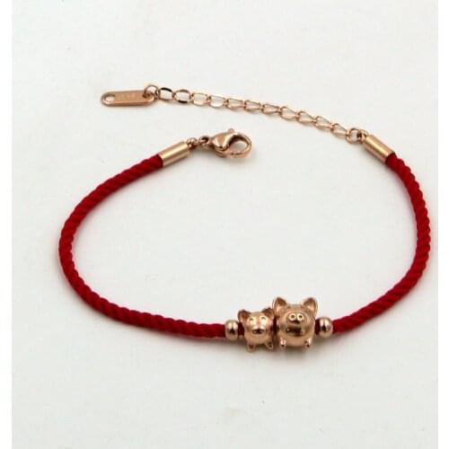 2019 Golden Double Pigs Zodiac Red Rope Charm Bracelet , Titanium Steel Rose gold color Cute piggy Fortune Hand Jewelry