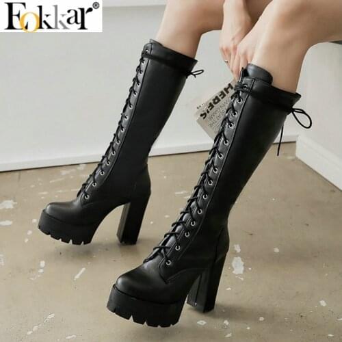 Eokkar 2021 Women Platform Knee High Lace Up Boots Block High Heel Knee High Combat Boots for Women Military Boots Winter Shoes