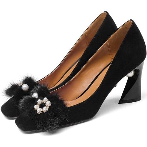 Big Size 9 10 11 12 Ladies High Heels Women Shoes Woman Pumps Fur pearl pointed heteromorphic heel single shoe
