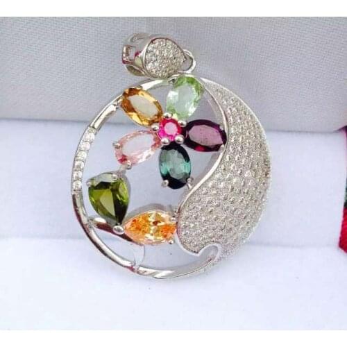Natural multicolor tourmaline pendant S925 silver Natural gemstone Pendant Necklace trendy big round Flowers women party jewelry