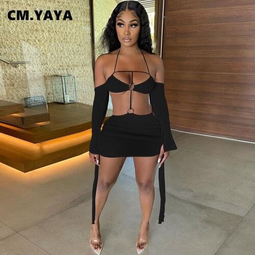 CM.YAYA Women Mini Dress Long Sleeve Strap Halter Hollow Out Stretchy Bodycon Dresses Sexy Night Club Party Vestidos Summer 2021