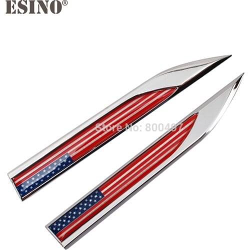 2 x Car Body Fender Side Metal Chrome Zinc Alloy Knife Side 3D Flag of the US Emblems Badges Decals Stickers For American Cars