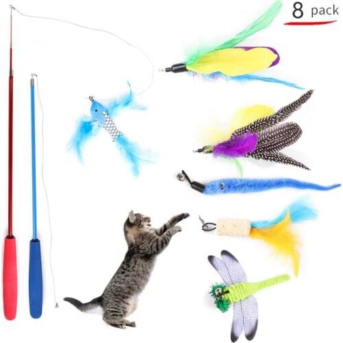 6/8Pcs Funny Feather Cat Toy Playing Play Interactive Toy For Pet Cat Kitten Bell The Dangle Faux Mouse Insect Roped Rod