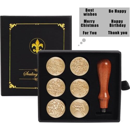 6pc Box-packed Vintage Stamp Antique Metal Seal Wax Stamp Wooden Handle Wedding Invitation Decorated for Letter Postage Envelope