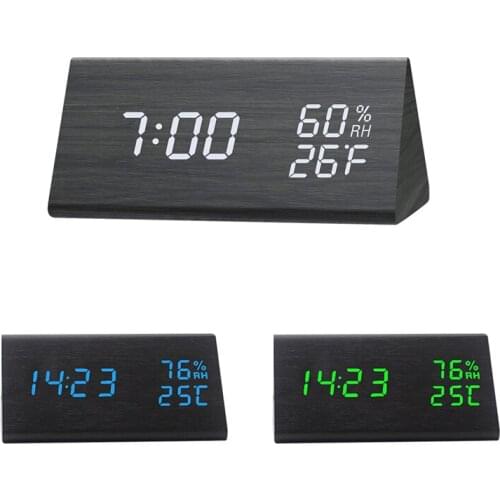 Digital Alarm Clock With Wooden Electronic LED Time Display Humidity & Temperature Detect For Bedroom Bedside