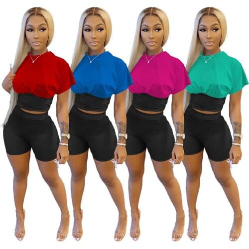 Echoine Summer Short Sleeve Color Patchwork Tshirt Top Women Tracksuit Two Piece Set Party Club Outfits Streetwear Skinny Sports
