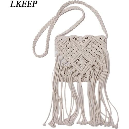 Fashion White Handmade Cotton Rope Hollow Out Woven Bag Fashion Tassel Bag Womens Handbag Straw Shoulder Bag Ladies