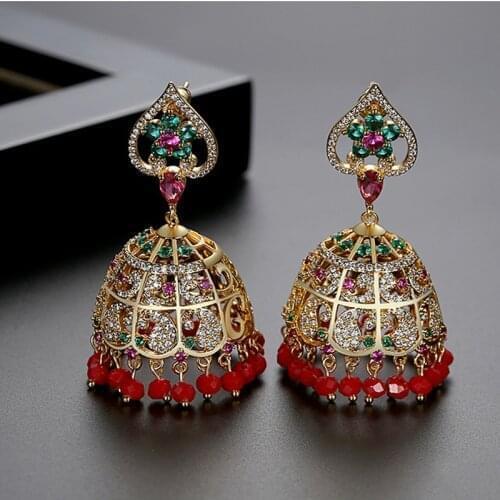 Fashion Indian Jhumka Earrings AAA Zircon Crystal Bell Drop Dangle Earring Bead Tassel Jhumki Gypsy Jewelry Ethnic Tribal Party