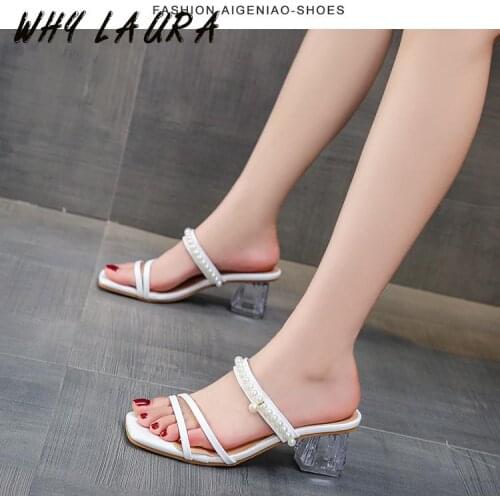 Fashion flip-flops with pearl embellished crystal chunky and plus-size versatile slippers 35-45Women