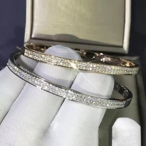 Hot Fashion Iced Out Sparking Bling 5A Cubic Zirconia Wedding Jewelry Luxury High Quality Two Row Clear CZ Paved Women Bangles