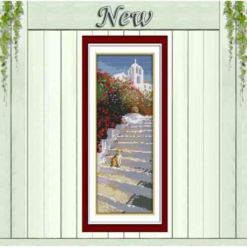 Santorini island castle cat scenery painting Embroidery sets Cross Stitch DMC14CT 11CT Counted printed on canvas Needlework kits