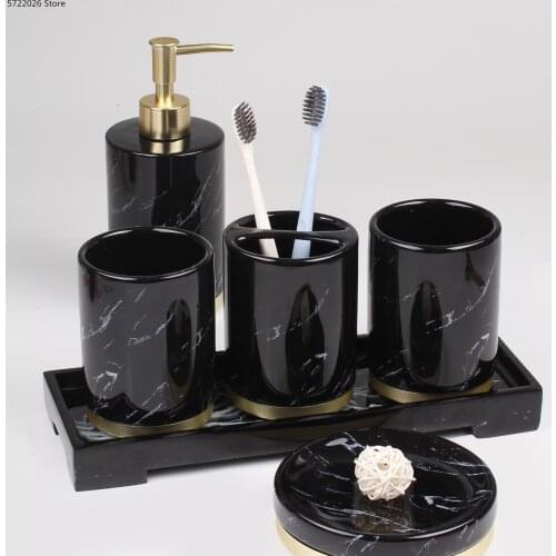 Nordic Bathroom Set Black Marble Ceramic Bathroom Decoration Accessories Toothbrush Holder Soap Dispenser Tray Cotton Swab Box