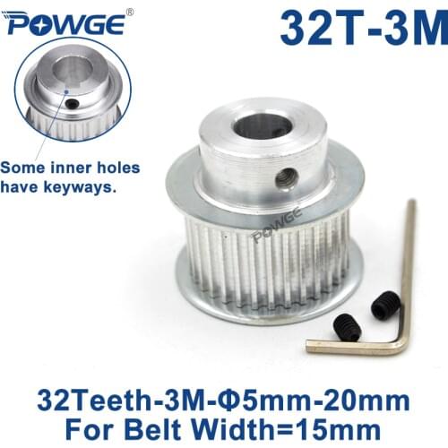 POWGE 32 Teeth HTD 3M Synchronous Pulley Keyway Bore 5/6/6.35/8/10/12/14/15mm for Width 15mm HTD3M Timing belt 32Teeth 32T